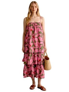 Corey Lynn Calter Pink and Olive Floral Tiered Midi Dress